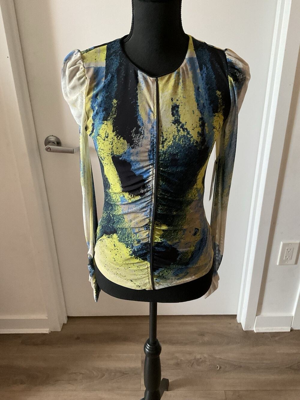 DKNY Abstract Mesh Ruched Long Sleeve Top XS Yellow Blue Watercolor